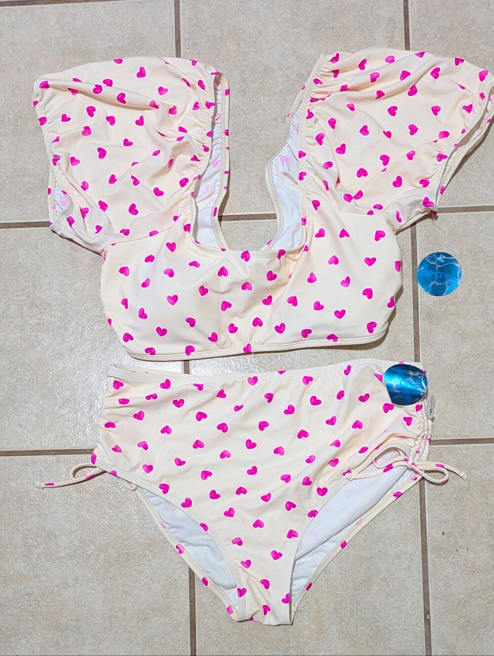 Plus Rockabilly Style Decree Cream Bikini Set Hot Pink Heart Print 1X-3X NWT